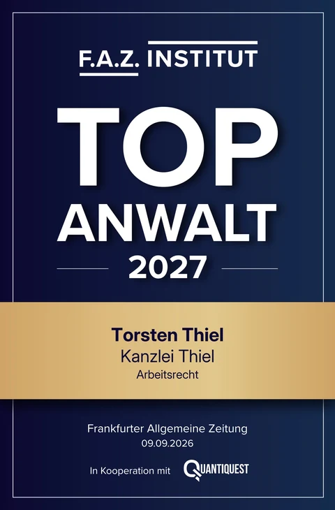 Siegel „TOP Anwalt 2027“ des F.A.Z.-Instituts für Torsten Thiel im Arbeitsrecht